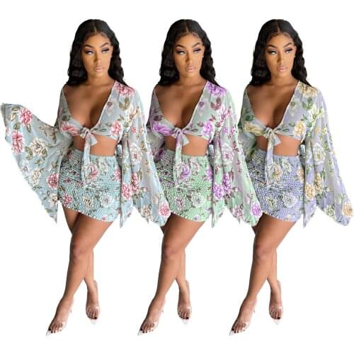 Summer Chiffon Floral Print Beach Sexy Dress Women Two Piece Set Flare Sleeve Bandage Crop Top + Mini Skirts Club 2 Piece Outfit