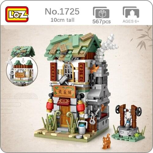 LOZ 1725 City Street Chinatown Blacksmith Shop Store Architecture Model DIY Mini Blocks Bricks Building Toy for Children no Box