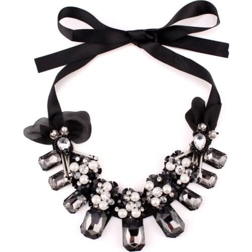 Chunky Crystal Imitation Pearl Pendant Necklace for Women Florate Brand Jewelry Black Rope Chain Statement Choker Necklace