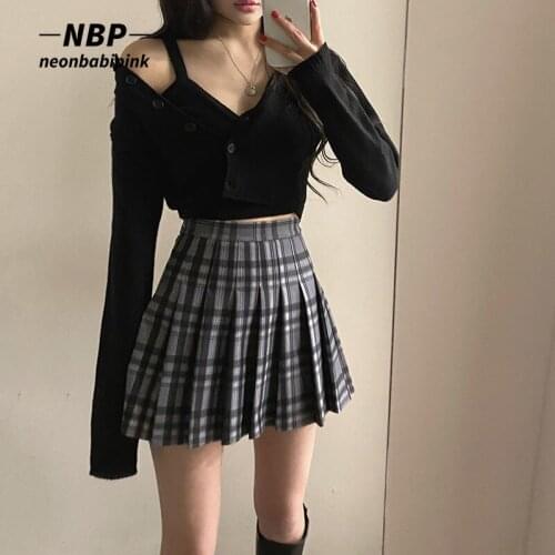 NEONBABIPINK Preppy Style High Weaisted Mini Skirts Harajuku Streetwear Gray Plaid Pleated Skirt Grunge Y2k Mall Goth N67-DE25