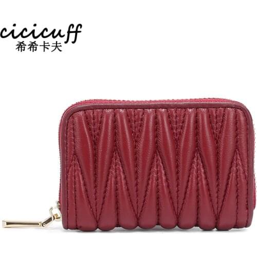 Fashion Womens Card Bag Genuine Sheepskin Leather Designer Wrinkle Credit Cards Holder Coins Organizer Wallet Women Coin Purse