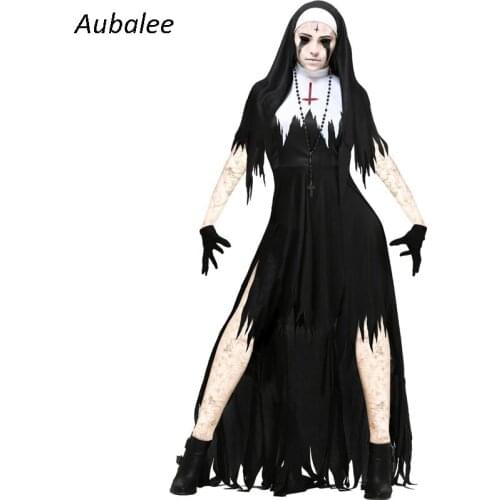 The Nun Cosplay Women Halloween Scary Costume Terror Nun Fancy Ghost Sister Female Party Black Gothic Dress