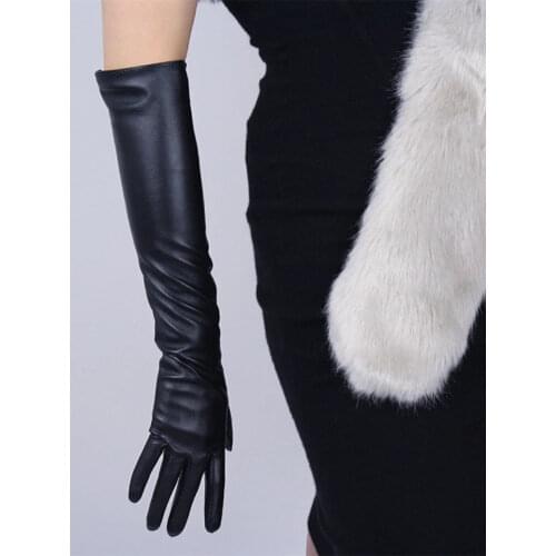 Winter lady fashion sheepskin leather gloves women leather mittens female long styleArm sleeve