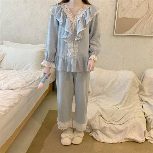 Autumn winter women cotton pajama sets tops+pants vintage ladies palace princess lace ruffles sleepwear two piece set L417