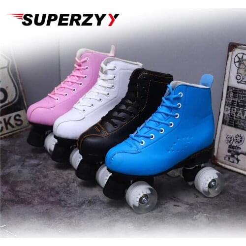 Artificial Leather Roller Skates Double Line Skates Women Men Adult Two Line Skate Shoes Patines With White PU 4 Wheels Patins