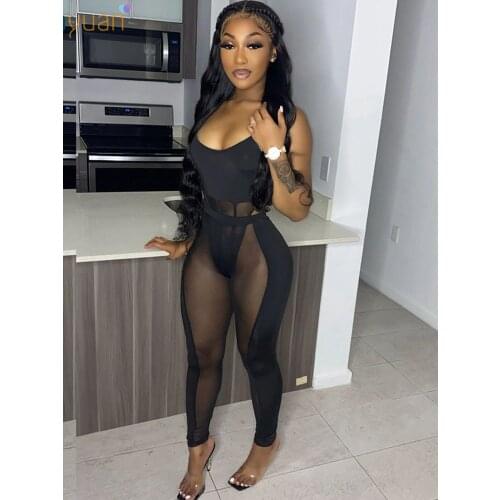 HAOYUAN Sexy Mesh Sheer Spliced Two Piece Set Tracksuit Women Bodysuit Pants Summer Clothes Club Vacation Outfits Matching Sets