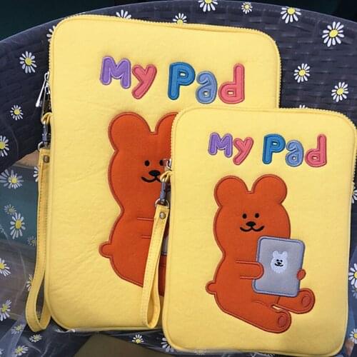Cartoon Tablet Bag Protection Bag With Zipper Cute Embroidery 11/13 Inch Storage Cover Bear Pattern Yellow Mobile Phone Bags