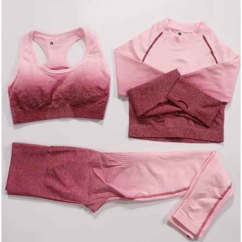 Women Sportswear Yoga Set Workout Clothes Athletic Wear Sports Gym Legging Ombre Seamless Fitness Bra Long Sleeve Crop Top Suit