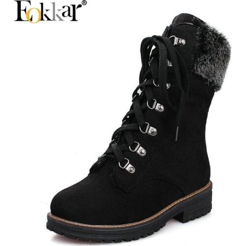 Eokkar 2020 Dress Boots Women Platform Boots Lace Up Square Heel Pu Leather Casual Winter Boots Warm Women Shoes Size 34-43