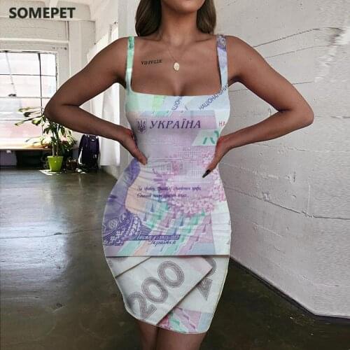 SOMEPET Money Dress Women Ukraine Vestido Sexy Colorful Bodycon Dress Harajuku Halter Sleeveless Womens Clothing Mini Evening