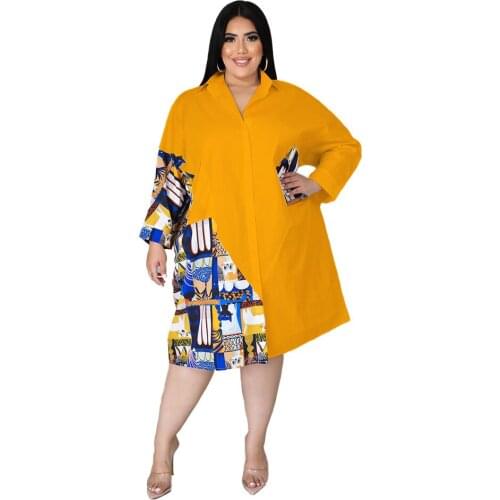 Women Shirt Dress Fashion Turn down Collar Single breasted Knee length Casual Loose Dresses plus size