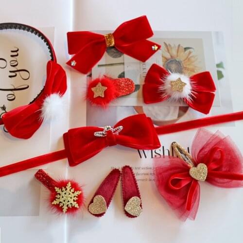 14pcs/set Red Soft Velvet Hair Bows Mink Fur Ball Streamer Hair Clips Handmade High Quality Girls Hair Accessories Party Hairpin