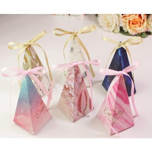 25pcs European Pink Gradient Marble Blue Sky Paper Pyramid Candy Box Favors Bags Wedding Party Child Birthday Show Gift Boxes