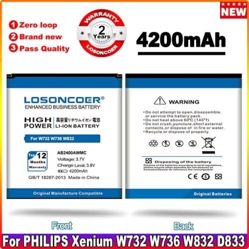LOSONCOER 4100mAh AB2400AWMC Battery for Philips W736 W832 W732 D833 W737 W9588 W6500 Battery