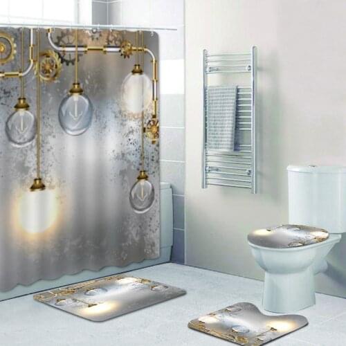 Antique Industrial Shower Curtains Bathroom Curtain Set Light Bulb Steampunk Composition Brass Bath Curtains Mats Rug Home Decor