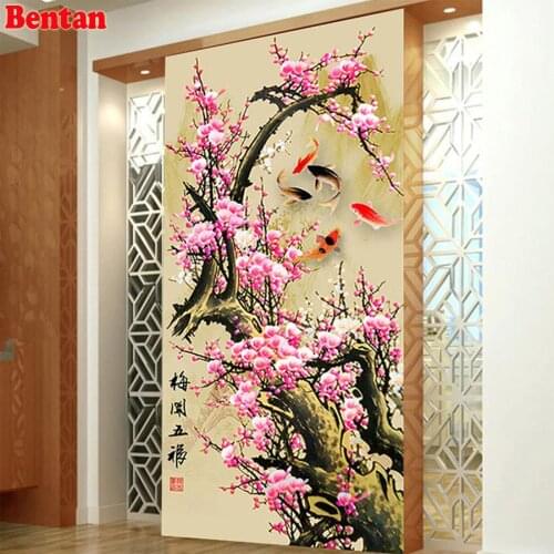 Large diy diamond painting Plum koi fish cross stitch crystal painting mosaic square round embroidery diamond art office decor