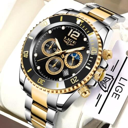 LIGE Watch for Men Top Brand Luxury Clock Casual Stainless Steel Watches Moon Phase Man Chronograph Waterproof Quartz Wristwatch