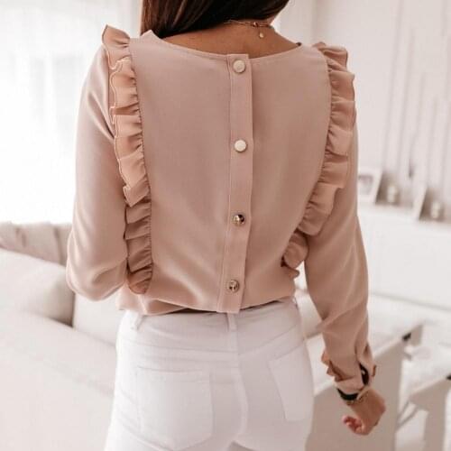 Elegant Women Spring Autumn Shirts Ruffles Decor Women Shirt Back Buttons Skin-friendly O Neck Long Sleeve Office Shirt Workwear