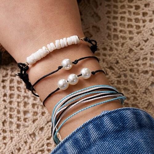 HuaTang 4pcs/set Boho Braided Rope Chains Bracelet Set for Women Multilayer Handmade Pearl Charms Adjustable Female Jewelry