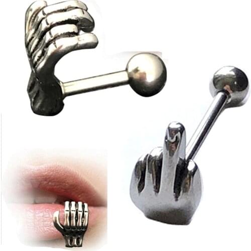 1/2pc Surgical Steel Middle Finger Gesture Color Tongue Barbell Stud Piercing Rings Body Punk Statement Jewelry Men Women