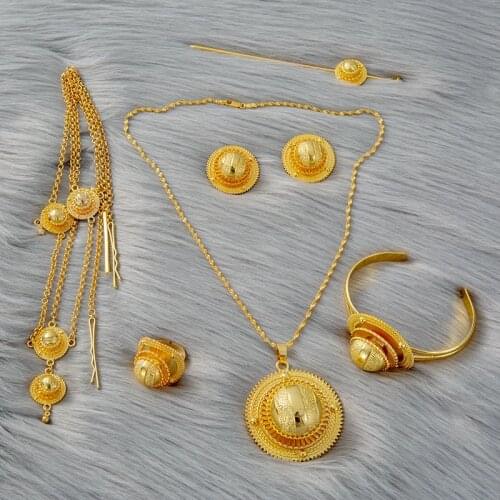 6pcs/lot Ethiopian Jewelry Sets Dubai Gold Ball Hairpin Head Chain Earrings Ring for Women Eritrea Africa Habesha Wedding Gifts