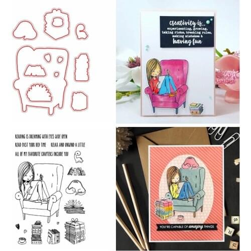 Metal Cutting Dies With Clear Stamps Studious Girl Sofa Books Reading Moment Encouragement Sentences DIY Scrapbooking Craft 2020