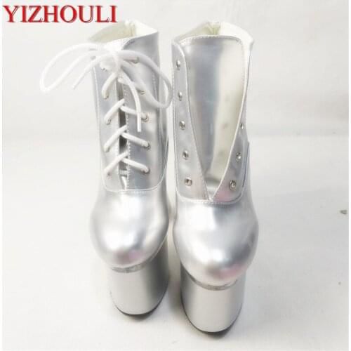 Fashionable sexy, thin belt, low boots, 18cm high heels, silver platform women stage boots