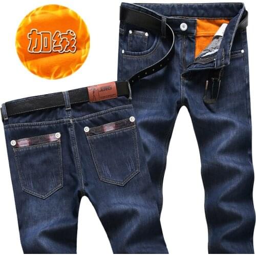 2021 Hot Winter Stretch Warm Trousers Mens Thermal Jeans Fleece Lined Denim Long Pants Chic Comfortable Comfortable