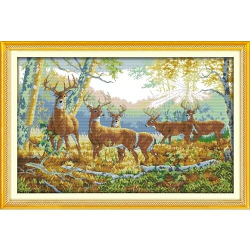 Five deer in forest cross stitch kit 14ct 11ct pre stamped canvas embroidery DIY handmade needlework