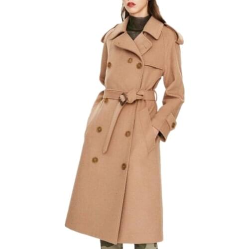 New arrival classic double breasted long woolen coat women autumn winter slim belted overcoat