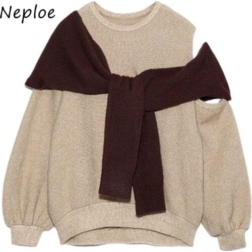 Neploe 2021 Japan Style Autumn Fashion Sweet Sweaters Sexy Shoulder Strapless Knitted Tops Puff Sleeve Fake Two Piece Pullover