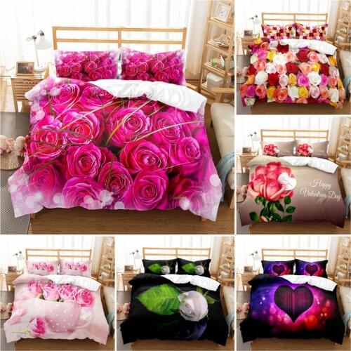 Romantic Purple Rose Flowers Bedding Set King Queen Sizes Half Love Heart Duvet Cover Colorful Print Comforter Sets 2/3PCS