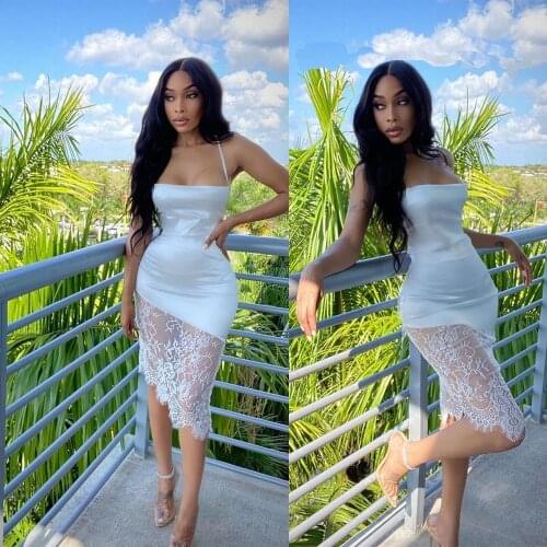 Hirigin Sexy Lace Satin Dress Women Backless Bandage Dresses Sleeveless Spaghetti Strap Bodycon Sundresses 2021 Summer Dress