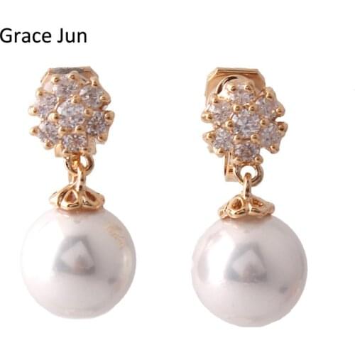 Grace Jun New Design AAA CZ Simulated Pearl Flower Shape Clip on Earring No Pierced for Women Party Wedding Ear Clip Bijoux