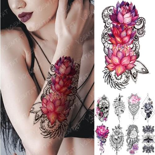 Waterproof Temporary Tattoo Sticker Pink Lotus Rose Lace Flowers Flash Tattoos Snake Dragon Body Art Arm Fake Tatoo Women Men