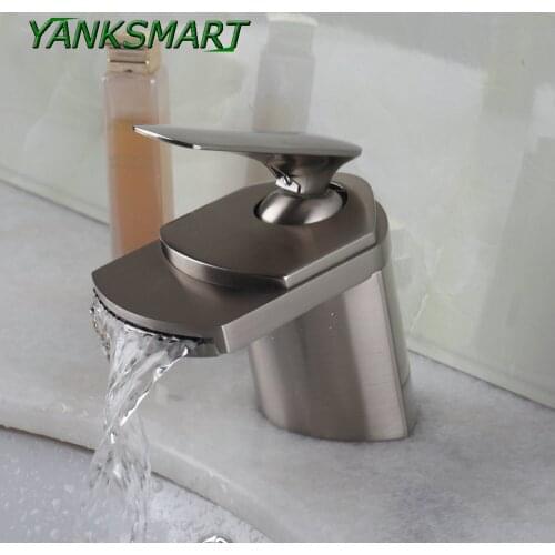 YANKSMART Brushed Nickel Wide Spout Waterfall Single Handle Bathroom Lavatory Laundry Vanity Basin Sink Faucets Sink Mixer Tap