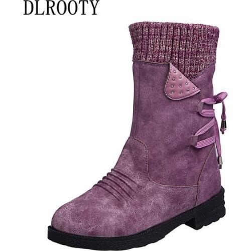 Women Mid-Calf Martin Boots Autumn Winter Female Casual Shoes Flat Fashion Platform Round Toe Lace Up Solid Plus Size 35-43