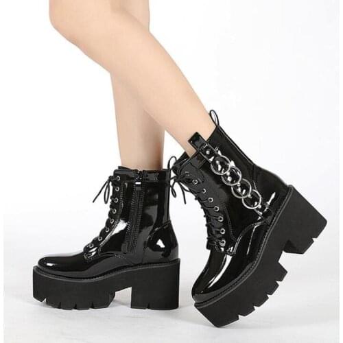 Demonia Fashion Metal Chain Platform Women Gothic Boots 2021 Punk Style Rivet Patent Leather Ankle Boots Woman Black Heels Shoes