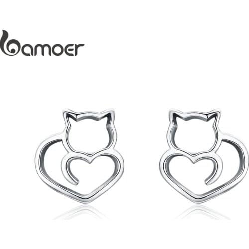 BAMOER Hot Sale Authentic 925 Sterling Silver Cute Cat Small Stud Earrings for Women Fashion Sterling Silver Jewelry SCE271