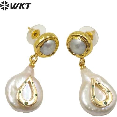 WT-E604 natural freshwater pearl earring teardrop shape gold studs earrings Spring hot pearl drop earrings woman bohe jewelry