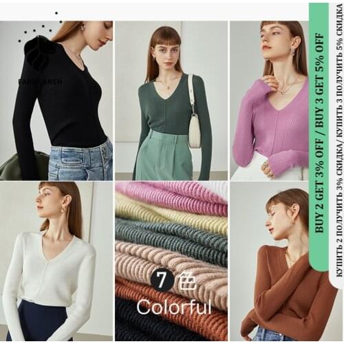 FANSILANEN Office Lady White Yellow Black Wool Sweater Women Autumn Wool Thin Bottoming Sweater V-neck Top Stripe Pullovers