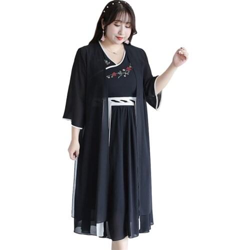 2019 New plus size 4XL summer dress women China style Two pieces set fashion embroidery Chiffon sleeveless dresses female G610