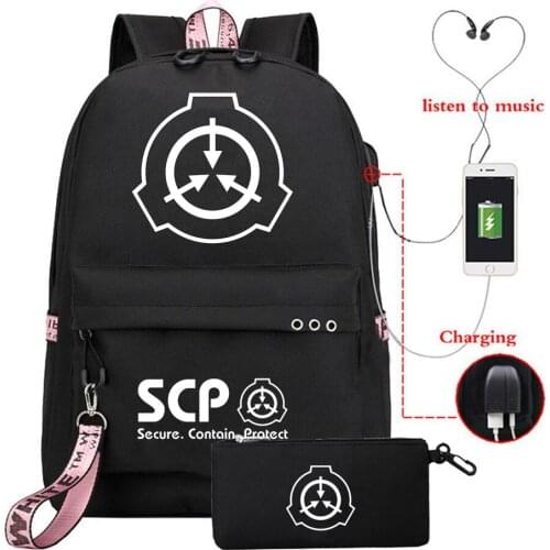 2PCS SCP Foundation Fashion Backpack + Pencil Cases School Bag Bookbag Women Men USB Travel Shoulder Laptop Bags