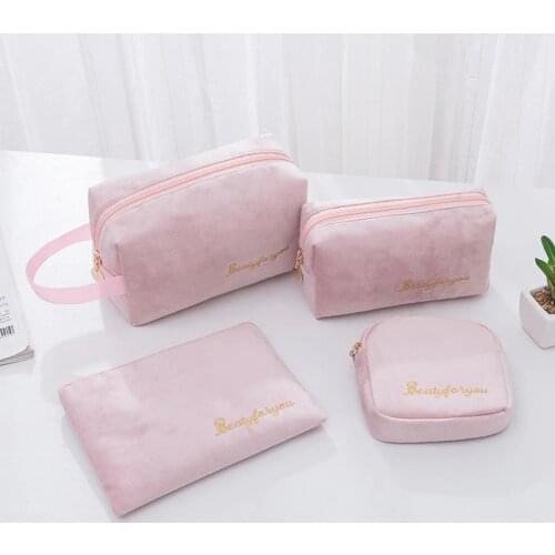 4pcs/set Fashion Travel Large Capacity Pink Cosmetic Bag Clutch Women Plush Zipper Makeup Storage Pouch Toiletry Wash Bath Kit
