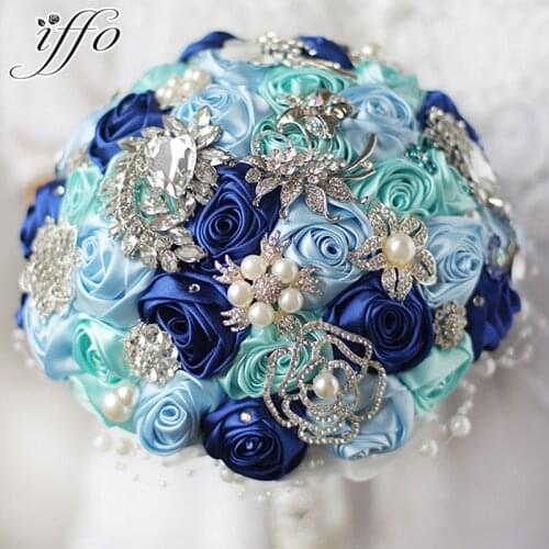 8 inch Custom blue Brooch Bouquet Bridal brides Crystal Pearls royal Blue Rose Bouquet, sky blue&mint Wedding decoration