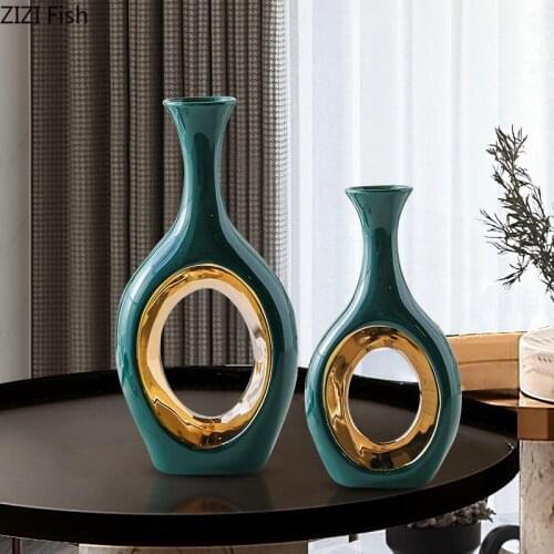 European Light Luxury Green Gold Ceramic Vase Living Room Advanced Decoration Gift Vases for Flowers Flower Vase Home Decoration