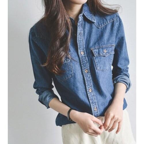 Spring Autumn Long Sleeve T Shirts for Women Denim Korean Clothes Casual Style Fashion Brand Ladies Tops Turn-down Collar Tees