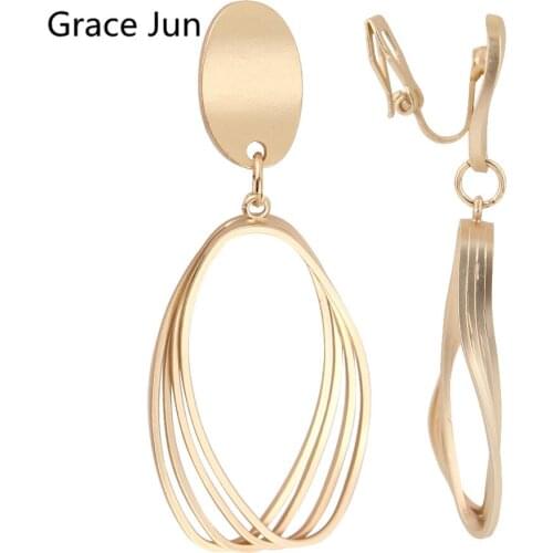 GRACE JUN Korea Style Gold Color Copper Material Geoemtric Clip on Earrings Without Pierced Elegant Cuff Ear Clip Anti-allergy