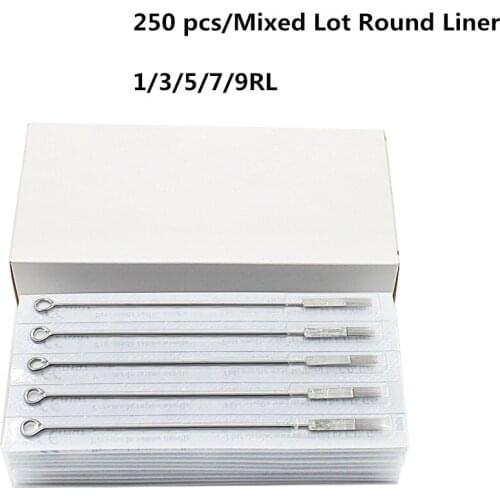 250PCS Mixed Lot 1/3/5/7/9RL Round liner Tattoo Needle SterilizedStainless Steel needles for tattoo grip tattoo Machine