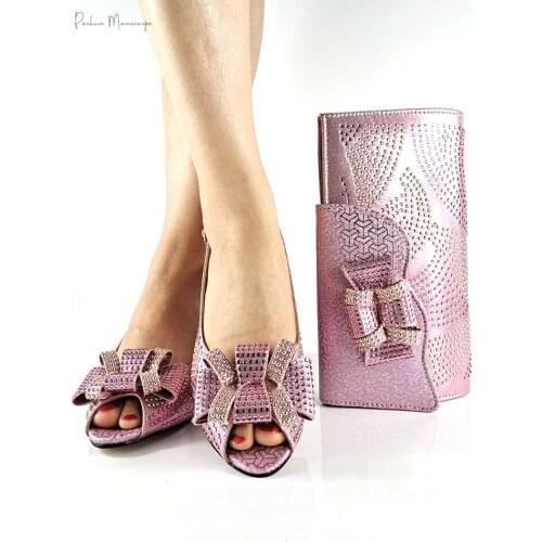 Italian Design New Arrival Pink Color African Party Ladies Shoes and Bag Set With Special Narrow Band and Cross-tied Decoration